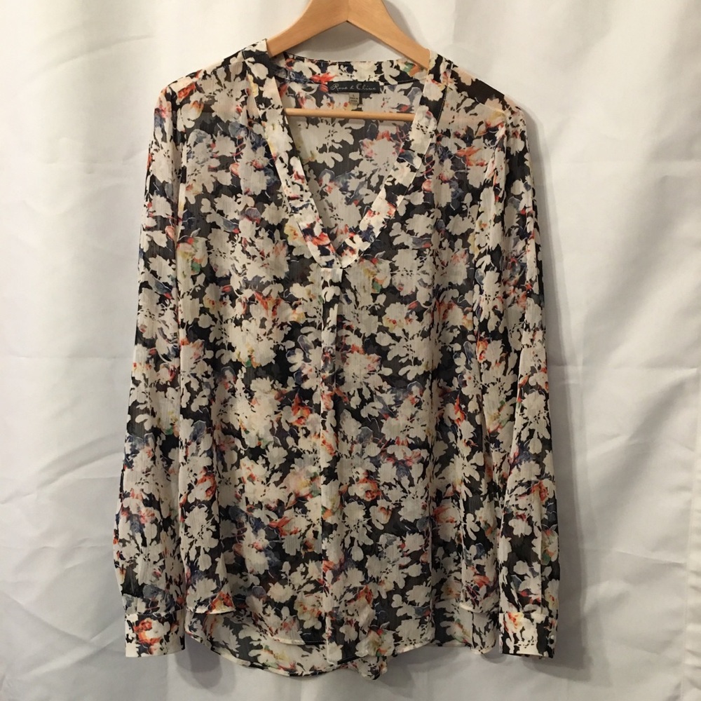 Rose and olive sheer V neck blouse.